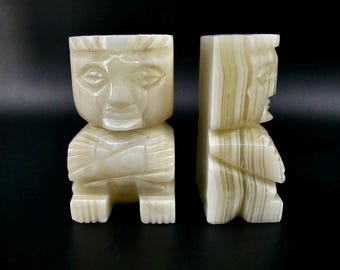 Alabaster Tiki Bookends – Vintage Hand-Carved Figurines, Set of 2