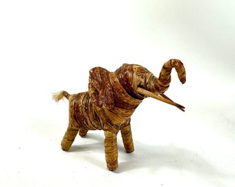 Vintage Handcrafted Straw Elephant – Rustic Woven Folk Art Figurine with Wooden Tusks