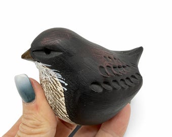 Pottery Bird Figurine, Scandinavian Folk Art Sculpture, Hand Painted Nordic Decor