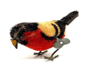 Schuco Wind up Bird, German Mohair Mechanical Toy, 1920s Clockwork