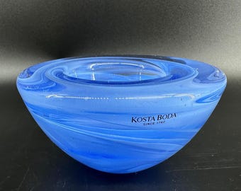 Vintage Kosta Boda 'Atoll' Glass Bowl – Blue Swirl Candleholder by Anna Ehrner, 1990s
