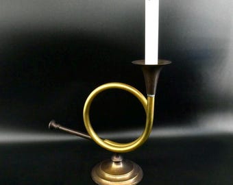 Vintage Brass hunting horn, trumpet, bugle Candle Holder