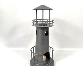 Metal lighthouse candle holder – grey coastal decor, 1990s