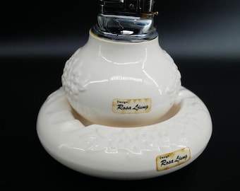 Vintage White Ceramic Table Lighter with Matching Ashtray by Rosa Ljung for Deco - Made in Sweden c1970 - WORKING