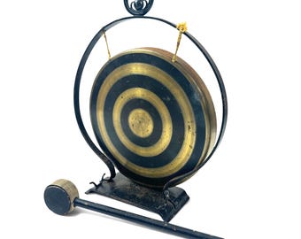 Brass Dinner Gong, Vintage Table Gong with Striker, Sculptural Metal Decor