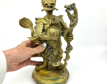 Vintage Brass Dragon King Statue: Asian Mythic Decor, 29cm