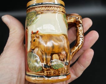Vintage Miniature Jersey Stein: Ceramic Beer Mug with Cow & Castle