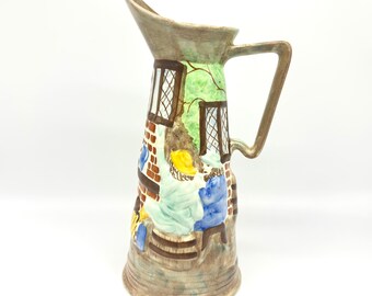 Vintage H. J. Wood Hand-Painted Pottery Jug – English Cottage Tavern Scene, 1930s