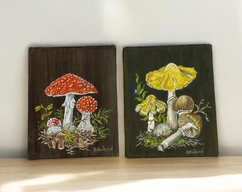Mushroom Oil Paintings by A. Hoiland – 1970s Rustic Cottage Decor Set of 2