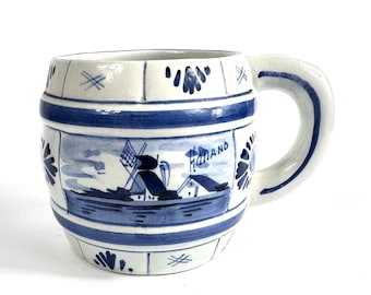 Vintage Delft Holland Blue and White Barrel Shaped Mug tankard – 1950s Hand-Painted Ceramics