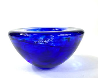 Vintage Kosta Boda Blue 'Atoll' Ink Art Glass Bowl - Swirl Design
