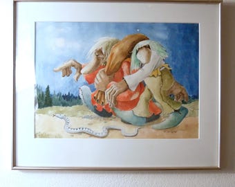 Troll Watercolor Painting - Vintage Gustav Sandgren Swedish Folklore Art