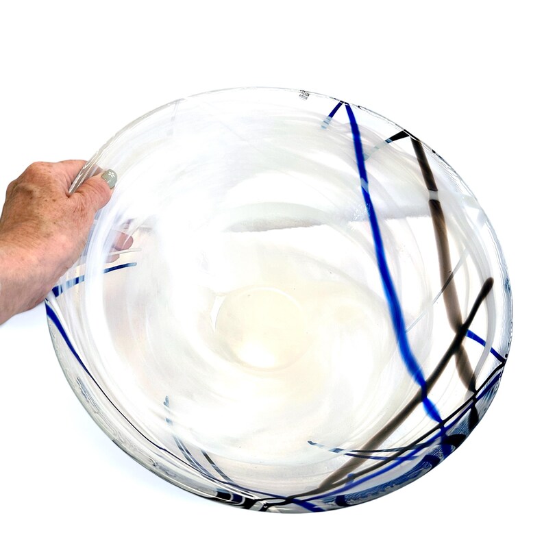 Pu&ograve; includere: Una grande ciotola rotonda in vetro trasparente con motivi bianchi opachi che si snodano su tutto il corpo. La ciotola &egrave; accentuata da sottili e audaci linee di vetro blu scuro e nero che avvolgono l'esterno, creando un design dinamico e astratto.