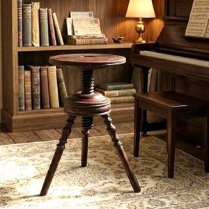 May include: A dark brown wooden piano stool with a round seat and a central threaded screw mechanism for height adjustment. The stool features three tapered legs and a circular base support, crafted from polished wood with a visible grain texture.