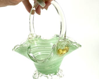 Hand-Blown Green Art Glass Basket: Murano-Style Gold Flecked Swirl