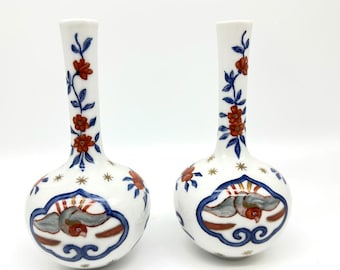 Pair of Vintage Imari Style Floral Birds bud vases Baveria Heinrich H&C , 1960s