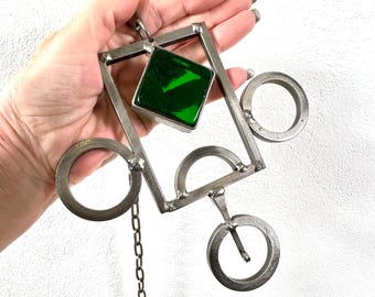 Scandinavian Metal Wall Hanging with Green Glass Panel, Mid-Century Geometric Decor