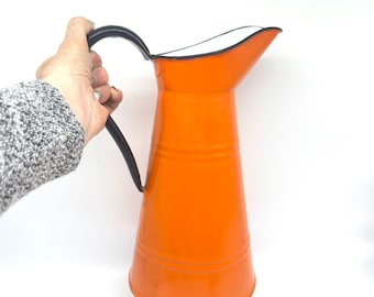 Vintage Large Orange Enamel Pitcher – Huta Silesia Polish Enamelware, 1950s Retro Kitchen Jug