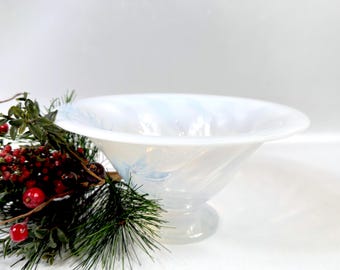 Vintage Opalescent Art Glass Pedestal Bowl: Swirled Blue & White Centerpiece