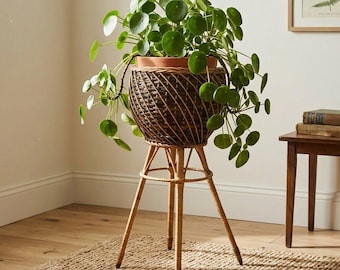 Mid Century Bamboo Plant Stand, Scandinavian Wicker Planter