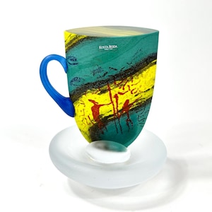 Kosta boda kjell engman sculpture – vintage 1980s &quot;tea cup&quot; signed art glass, unique collectible design