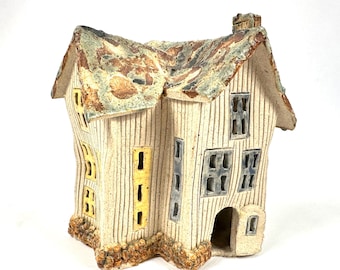 Ceramic House Sculpture – Folk Art Stoneware Cottage, Scandinavian Decor