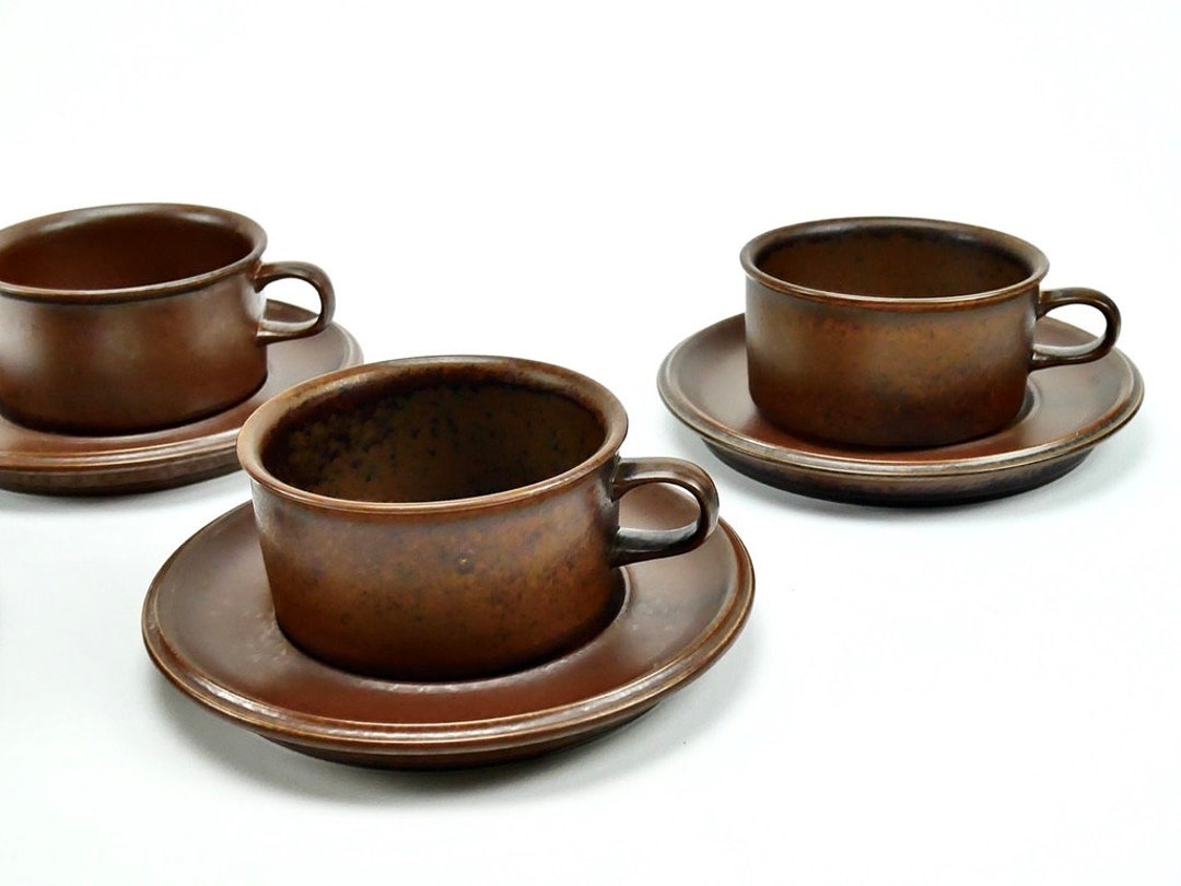 Ruska Brown Arabia Mid Century Tea Cups With Saucers Vintage Etsy