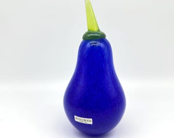 Kosta boda blue glass pear – gunnel sahlin frutteria series, swedish art glass, 1980s