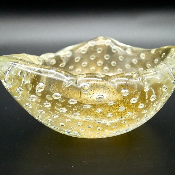 Vintage Murano Art Glass Ashtray by Barovier and Toso, Italy 1950 - Gold and Clear Bullicante Bowl