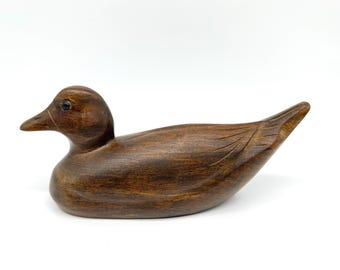 Teak wood duck figurine – hand-carved 1970s bird sculpture