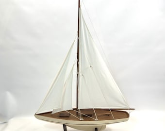 Vintage Wood Model Yacht, Handcrafted Sail boat Decor, 84cm