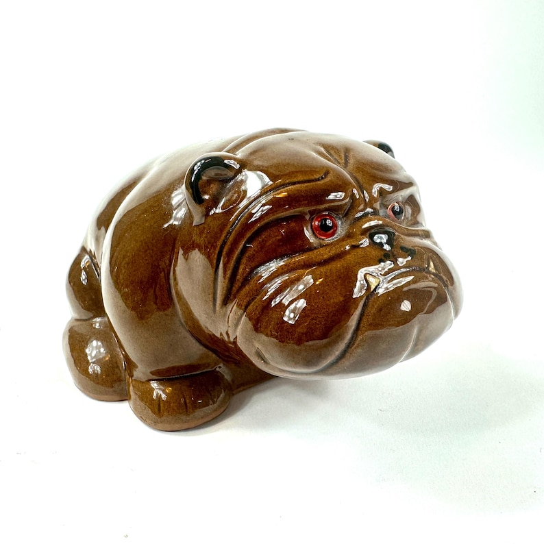 Vintage Ceramic Bulldog Figurine, Brown Glazed Dog Sculpture with Glass Eyes image 1