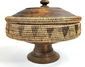 Indonesian Wood Basket Bowl with Lid | Vintage Decorative Traditional Folk Art Wooden Rattan Pedestal Bowl