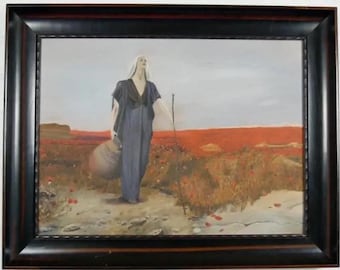 Mid-Century Vintage Original Religious Oil Painting – "The Blind Woman in a Poppy Field"