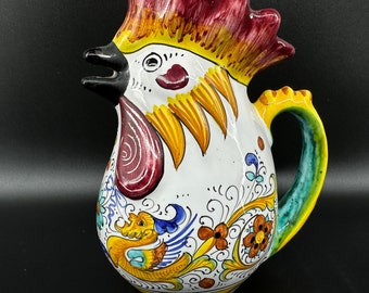 Vintage Hand-Painted Deruta Rooster Pitcher Jug, 1970s made in Italy signed