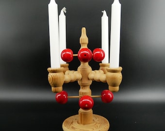 Vintage 1960s Swedish Bobbin Candlestick with 8 Red Wood Apple Decor – Mid-Century wood Candelabra