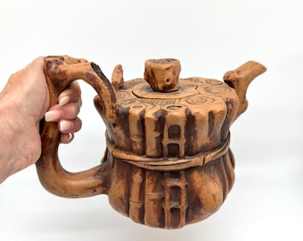 Vintage Yixing Teapot – Zisha Clay Squirrel & Bamboo Tree Trunk, Chinese Art Pottery, 1980s
