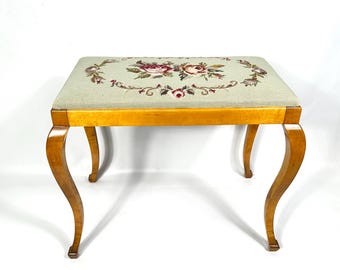 Wood Piano Stool, Needlepoint Floral Tapestry Upholstery, Queen Anne Cabriole Legs