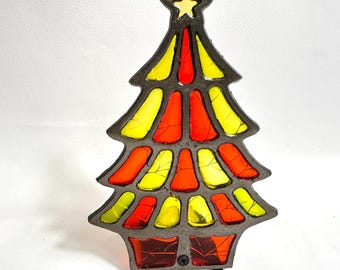 Vintage Christmas Tree Candle Holder – Stained Glass Effect Metal & Glass Décor, 1970s