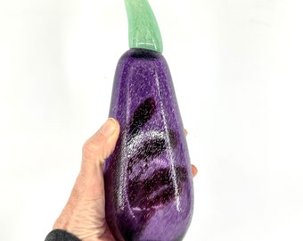 Vintage Kosta Boda glass Aubergine hand blown fruit sculpture.  Designed by Gunnel Sahlin, Signed.