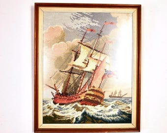 Vintage framed needlepoint tapestry – sailing ship on a stormy sea, nautical maritime art