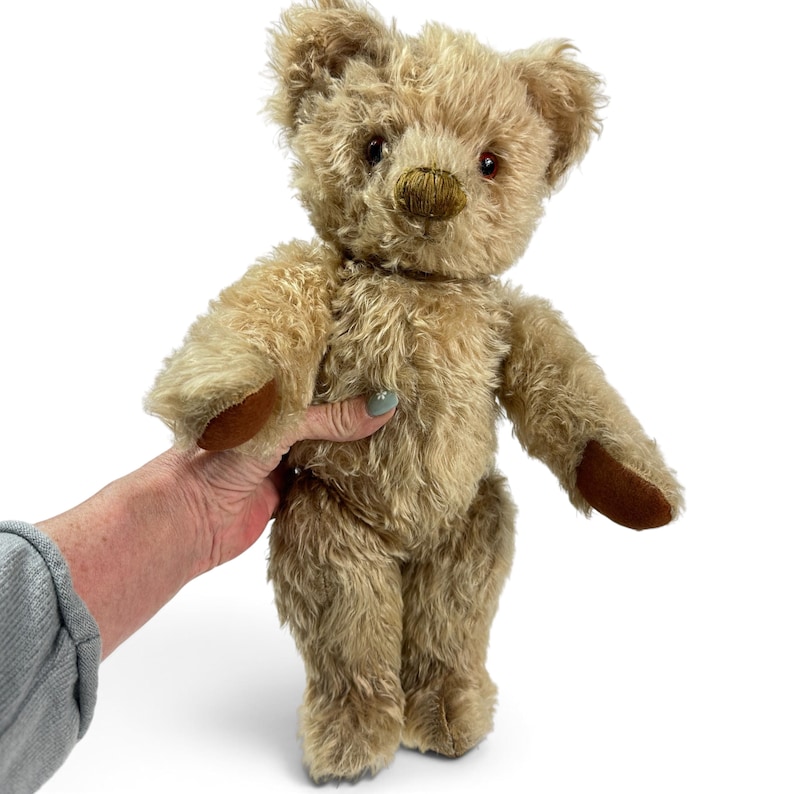 K&ouml;nnte beinhalten: Ein beigefarbener Teddyb&auml;r mit zotteligem Fell, einer dunkelbraun gestickten Nase und dunkelbraunen Pfoten. Der B&auml;r hat abgerundete Ohren, dunkle Augen und ein weiches, strukturiertes Aussehen. Es ist ein klassisches Stofftier mit beweglichen Gliedma&szlig;en.