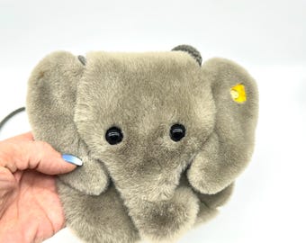 Vintage Steiff Children's Elephant Purse – 1980s Plush Shoulder Bag with Button in Ear