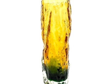Vintage Bark Textured Amber & Green Glass Vase – Mid-Century Art Glass, 17 cm Tall