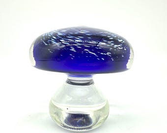 Vintage Scandinavian Art Glass Mushroom – Hand-Blown Blue and Clear Glass Sculpture, Mid-Century Modern Decor