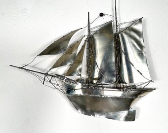 Vintage Metal Sailboat Wall Art – Signed Urban Ström 1984 – Scandinavian Nautical Sculpture