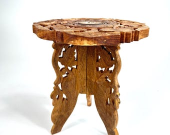Vintage Heavily Carved Wood Plant Stand, Folding Tripod Stand