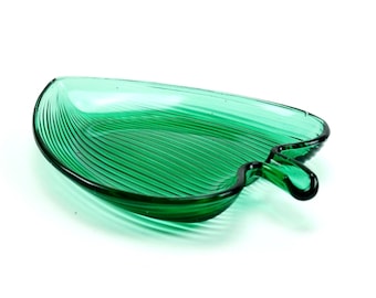 Mid century Green leaf shaped art Glass Bowl 60s table decoration