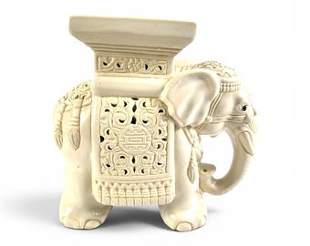 Ceramic Elephant Plant Stand, Ivory Glazed Asian Decor, Decorative Pedestal