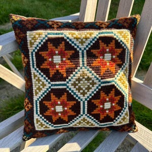 Vintage Embroidered Cushion, 1960s Scandinavian Tapestry Geometric Floral Wool Pillow